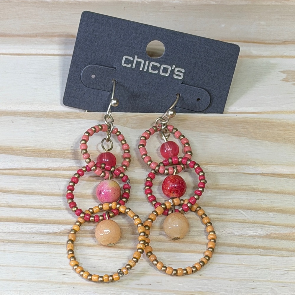 Chico's Red and Orange Beaded Triple Hoop Earrings
